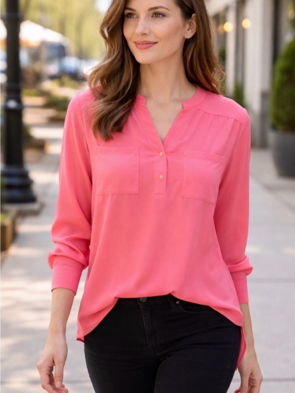 Ann Taylor Coral-Pink Split V-Neck Long Sleeve Blouse